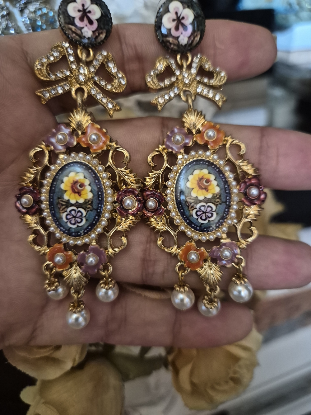 Ornate Gold Floral Drop Earrings with Multicolor Enamel and Pearls